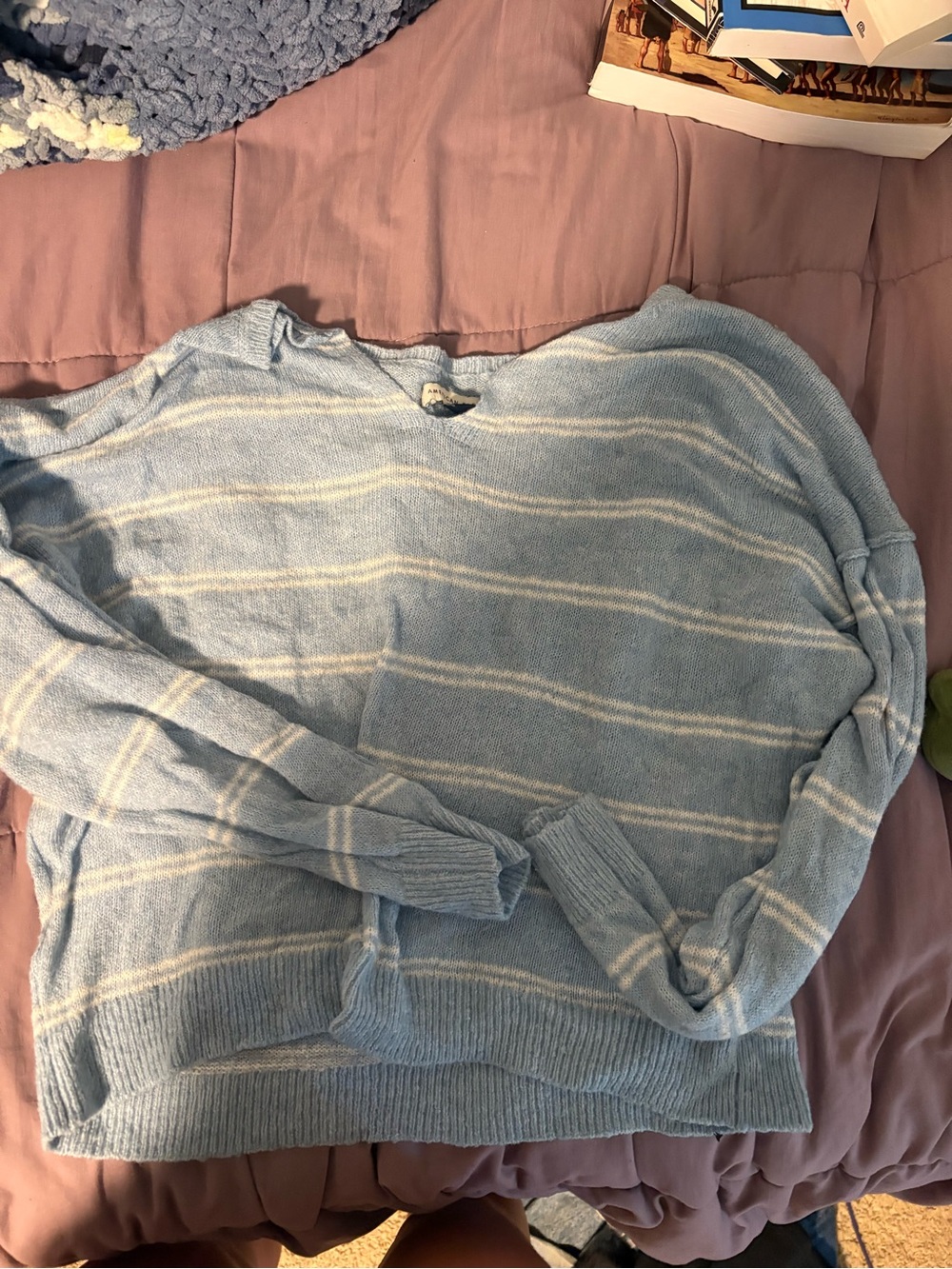 American Eagle Outfitters Light Blue & White Striped Crewneck Sweater